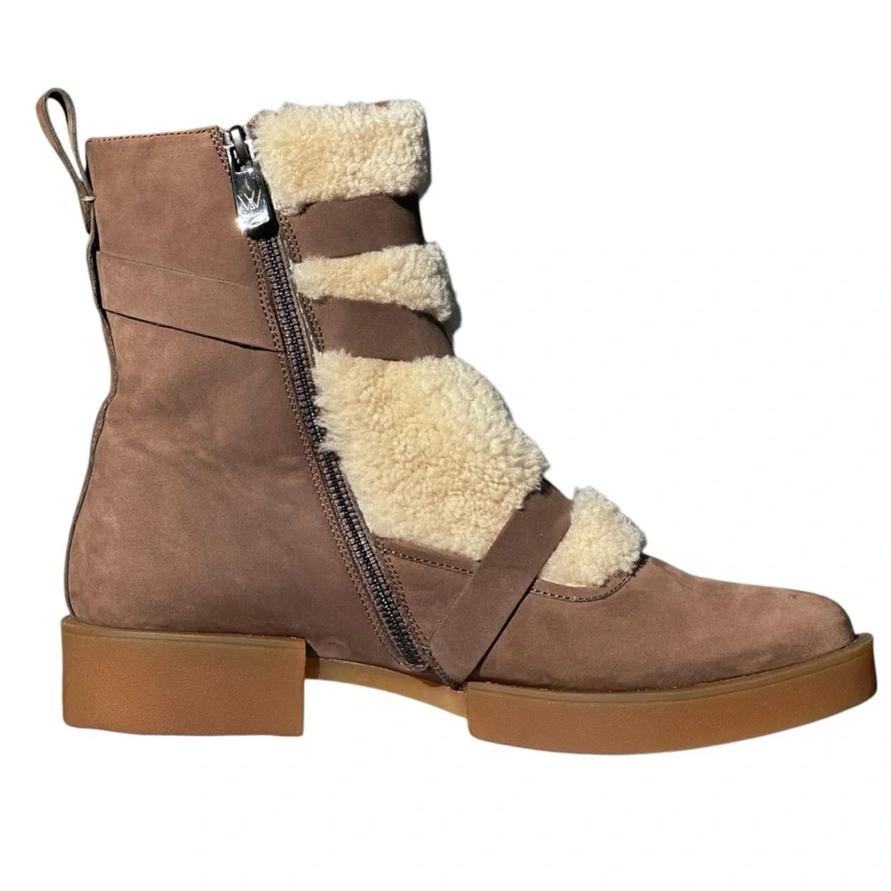 H Williams Nubuck Leather Shearling Ankle Boots Juneau Taupe Cream US 9 1/2 10